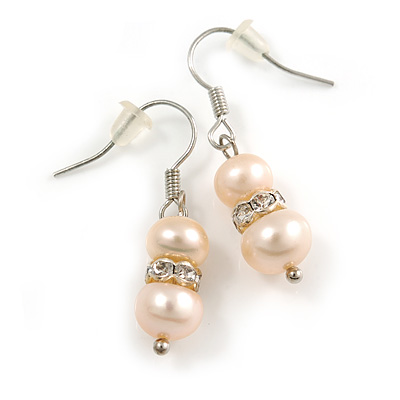Small Light Cream Freshwater Pearl Crystal Drop Earrings (Silver Tone) - 3cm Length