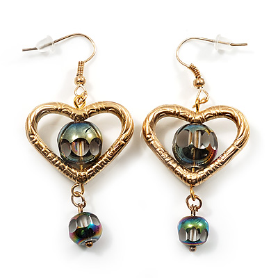 Gold Tone Open Heart Glass Bead Drop Earrings - 6cm Length