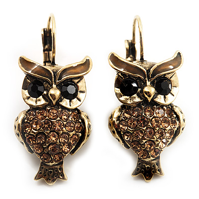 Antique Gold Tone Citrine Crystal Owl Drop Earrings - main view