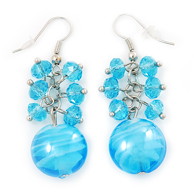 Light Blue Glass Bead Drop Earrings (Silver Tone Metal) - 4.5cm Length - main view