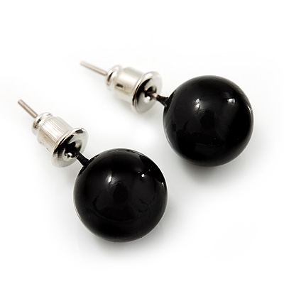 Black Acrylic Stud Earrings (Silver Tone Metal) - 9mm Diameter