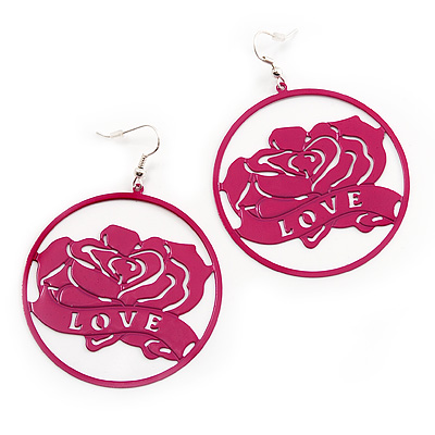 Deep Pink 'Rose & Love' Hoop Earrings (Silver Tone Metal) - 5.5cm Diameter - main view
