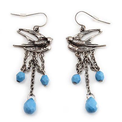Antique Silver Swallow & Blue Bead Drop Earrings - 6cm Length