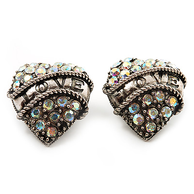 Antique Silver AB Crystal 'Love' Heart Stud Earrings -2.5cm Diameter - main view