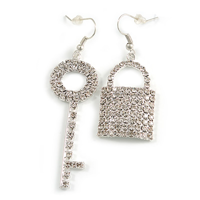 Clear Crystal 'Lock & Key' Drop Earrings (Silver Tone Metal) - 7cm Length