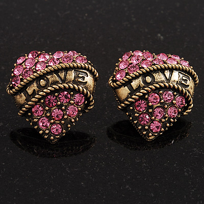 Antique Gold Pink Crystal 'Love' Heart Stud Earrings -2.5cm Diameter - main view