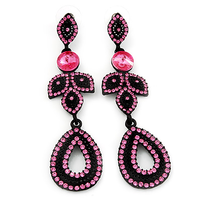 Pink Swarovski Crystal Teardrop-Shaped Long Earrings (Black Tone Metal) - 8.5cm Length