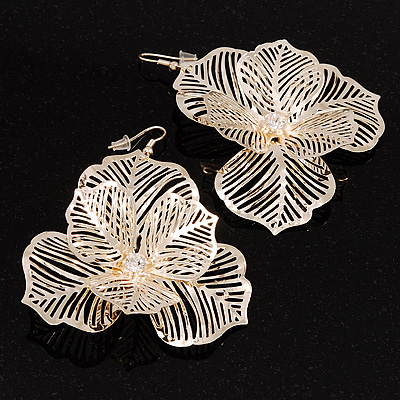 Oversized Gold Plated Filigree Floral Drop Earrings - 6cm Diameter - main view