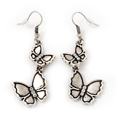 Antique Silver Metal Double Butterfly Drop Earrings - 5.5cm Length