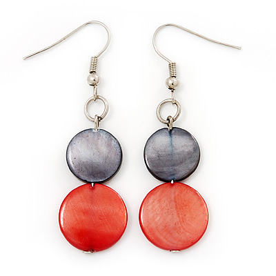 Round Double Shell Drop Earrings (Red/Dark Grey) - 7cm Length