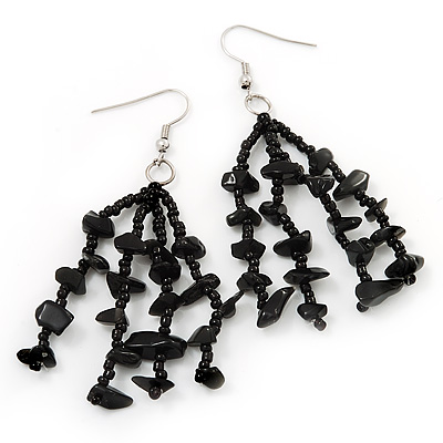 Black Glass Bead And Semiprecious Nugget Drop Earrings (Silver Tone Metal) - 7cm Length