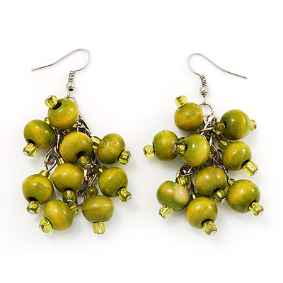 Wood Olive Cluster Drop Earrings (Silver Tone Metal) - 6.5cm Length