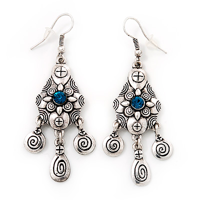 Vintage Hammered Blue Crystal Drop Earrings (Burn Silver Finish) - 6cm Length