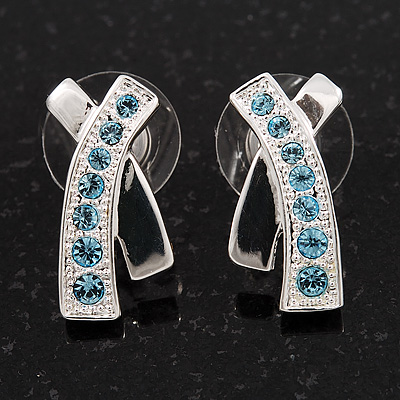 Silver Plated Light Blue Crystal 'Cross' Metal Stud Earrings - 2cm Length - main view
