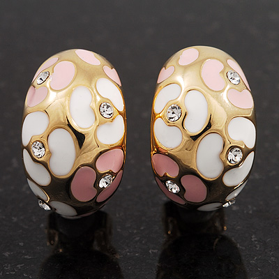 C-Shape Pink/White Floral Enamel Crystal Clip On Earrings In Gold Plated Metal - 2cm Length