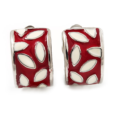 Small C-Shape Red/White Enamel Clip On Earring In Rhodium Plated Metal