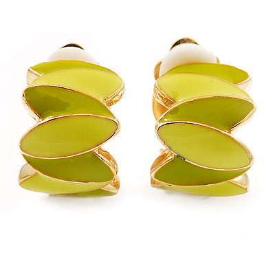 Small C-Shape Lettuce Green Enamel Clip On Earring In Gold Plated Metal