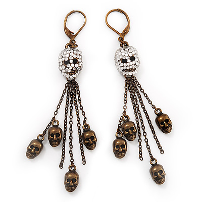 Bronze Tone Diamante Skull Dangle Earrings - 8.5cm Drop