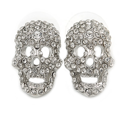 Dazzling Crystal Skull Stud Earrings In Silver Plating - 2cm Length