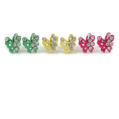Tiny Yellow/ Pink/ Green Crystal Enamel 'Butterfly' Stud Earring Set In Silver Tone Metal - 10mm D