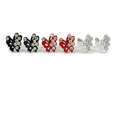 Tiny Black/ White/ Red Crystal Enamel 'Butterfly' Stud Earring Set In Silver Tone Metal - 10mm Diameter