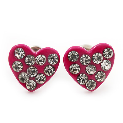 Tiny Deep Pink Crystal Enamel 'Heart' Stud Earrings In Silver Plated Metal - 10mm Diameter - main view
