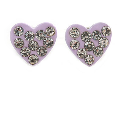 Tiny Lavender Crystal Enamel 'Heart' Stud Earrings In Silver Plated Metal - 10mm Diameter