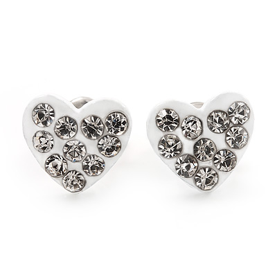 Tiny White Crystal Enamel 'Heart' Stud Earrings In Silver Plated Metal - 10mm Diameter