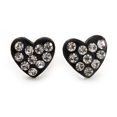 Tiny Black Crystal Enamel 'Heart' Stud Earrings In Silver Plated Metal - 10mm Diameter