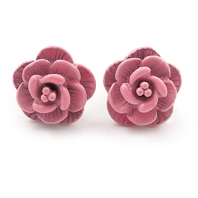 Tiny Light Pink 'Rose' Stud Earrings In Silver Tone Metal - 10mm Diameter