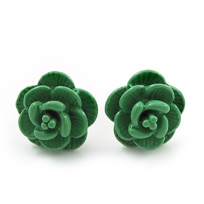 Tiny Green 'Rose' Stud Earrings In Silver Tone Metal - 10mm Diameter