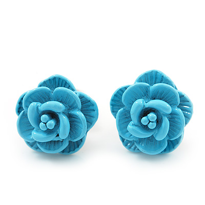 Tiny Light Blue 'Rose' Stud Earrings In Silver Tone Metal - 10mm Diameter - main view