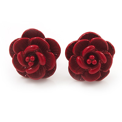 Tiny Red 'Rose' Stud Earrings In Silver Tone Metal - 10mm Diameter