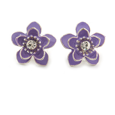 Purple Enamel Daisy Floral Stud Earrings In Rhodium Plated Metal - 2cm Diameter
