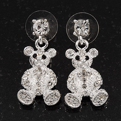 Silver Plated Crystal Cute 'Bear' Stud Drop Earrings - 3cm Length - main view