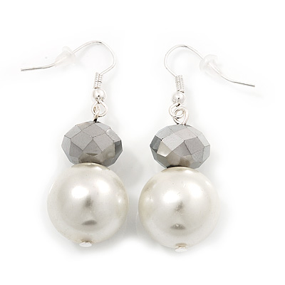 White Bead Drop Earrings In Silver Plated Metal - 4.5cm Length