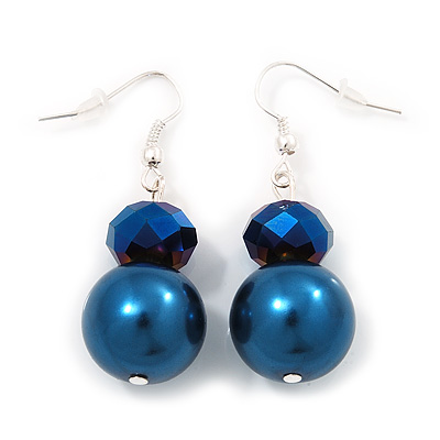 Blue Bead Drop Earrings In Silver Plated Metal - 4.5cm Length
