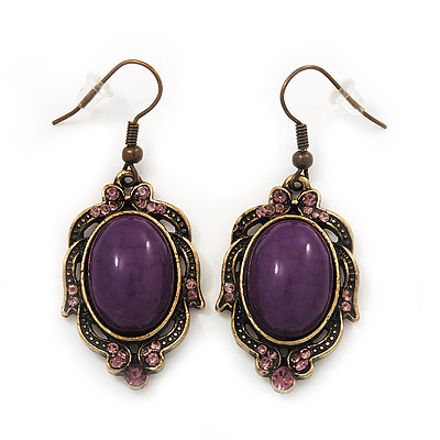 Vintage Purple Diamante Drop Earrings In Bronze Tone Metal - 5cm Length