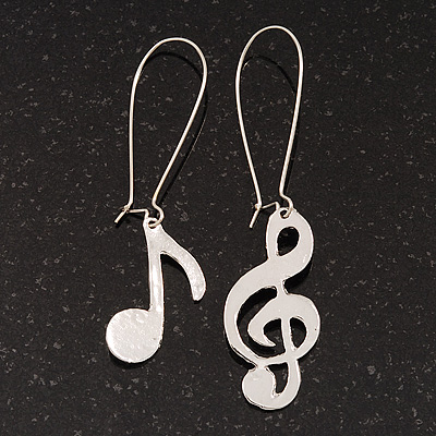Textured 'Musical Notes' Drop Earrings (Silver Tone Metal) - 7cm Length - main view
