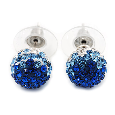 Royal Blue/Sky Blue/Clear Swarovski Crystal Ball Stud Earrings In Silver Plated Finish -10mm Diameter
