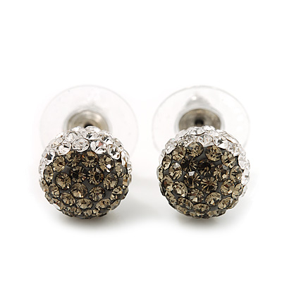 Ash Grey/Clear Swarovski Crystal Ball Stud Earrings In Silver Plated Finish -10mm Diameter