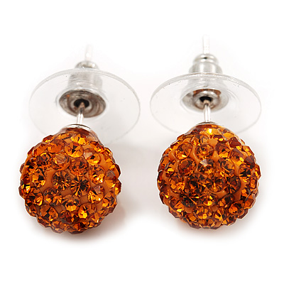 Orange Swarovski Crystal Ball Stud Earrings In Silver Plated Finish - 9mm Diameter - main view