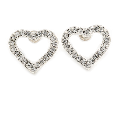 Clear Crystal Open 'Heart' Stud Earrings In Silver Metal - 2cm Length
