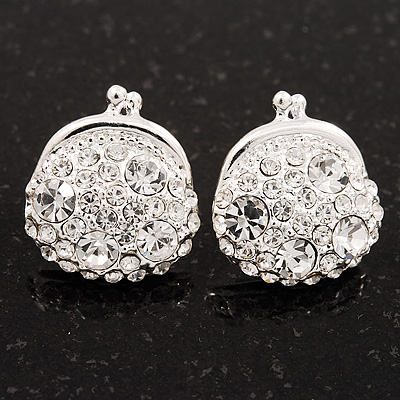 Clear Crystal 'Purse' Stud Earrings In Silver Tone Metal - 15mm Diameter