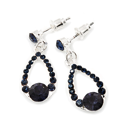 Dark Blue Crystal Teardrop Silver Tone Earrings - 3cm Length