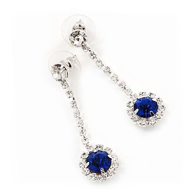 Clear/Royal Blue Crystal Drop Earrings In Silver Finish - 4.5cm Length - main view