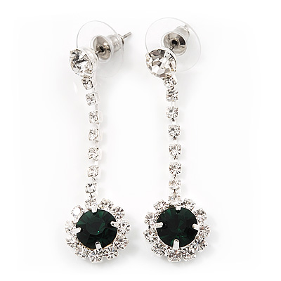 Clear/Emerald Green Crystal Drop Earrings In Silver Finish - 4.5cm Length