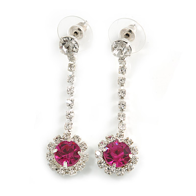 Clear/Fuchsia Crystal Drop Earrings In Silver Finish - 4.5cm Length
