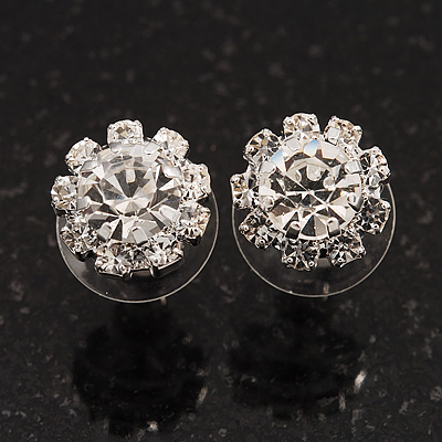 Small Clear Diamante Stud Earrings In Silver Finish - 10mm Diameter - main view