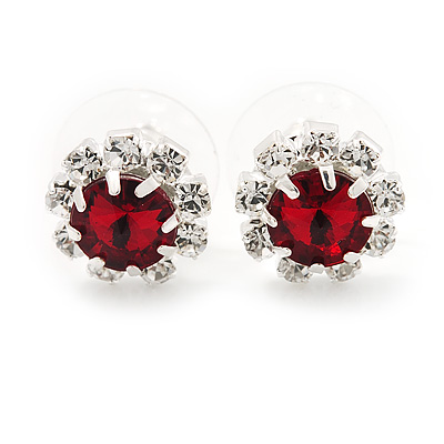 Small Red/Clear Diamante Stud Earrings In Silver Finish - 10mm Diameter - main view